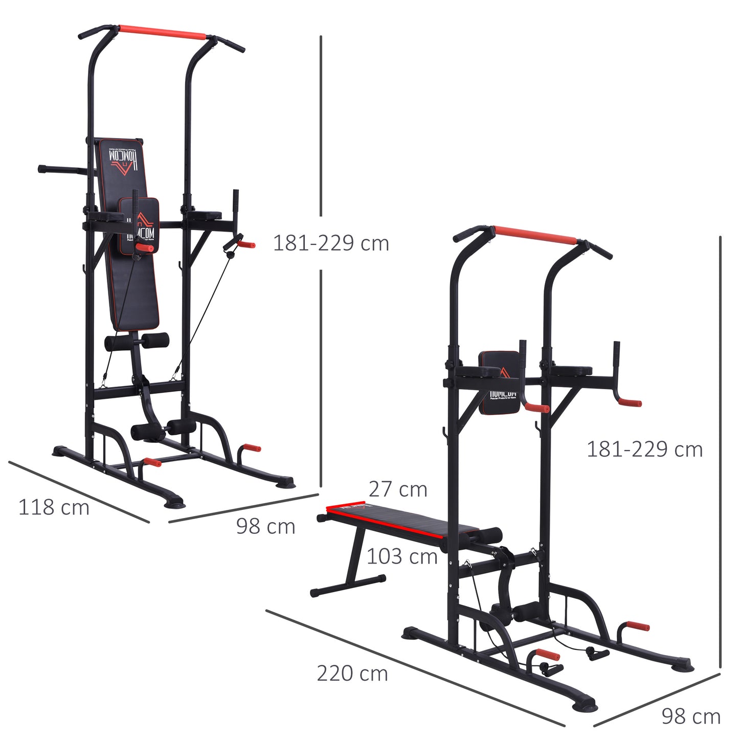 Homcom Steel Strength Training Power Tower Pull Up Station Black/Red