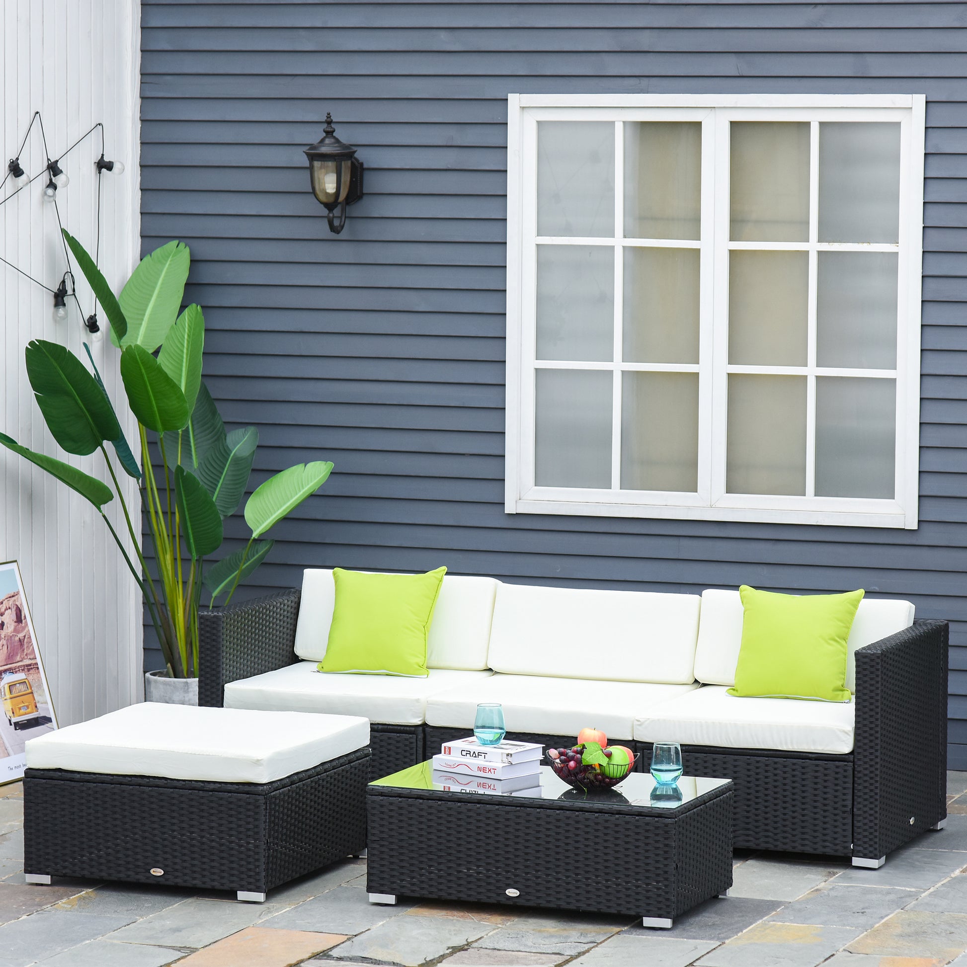 Outsunny 4-Seater Rattan Sofa Set Set Garden Outdoor Sectional Sofa Coffee Table Metal Frame Withcushion Pillows-Black