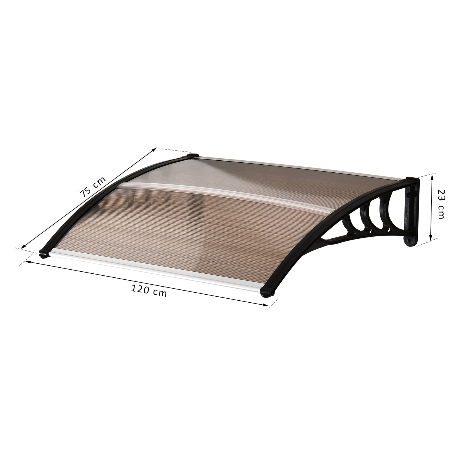 Outsunny Curved Window Door Canopy Aluminium Rigid Plastic Polycarbonate Fixed Outdoor Awning Modern Design UV Water Rain Resist 120 x 75cm Brown