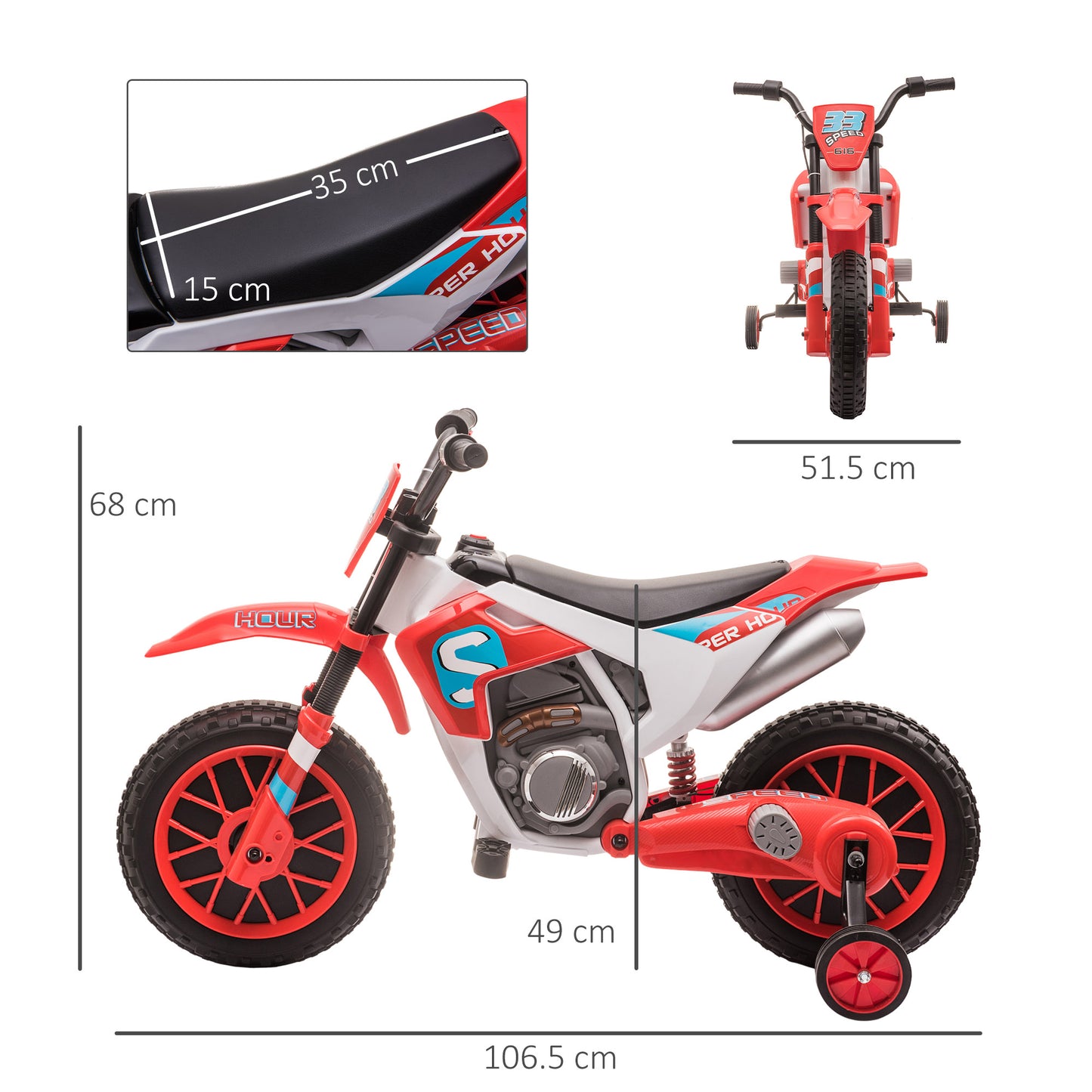 Homcom 12V Kids Electric Motorcycle Ride-On With Training Wheels For Ages 3-6 Years - Red