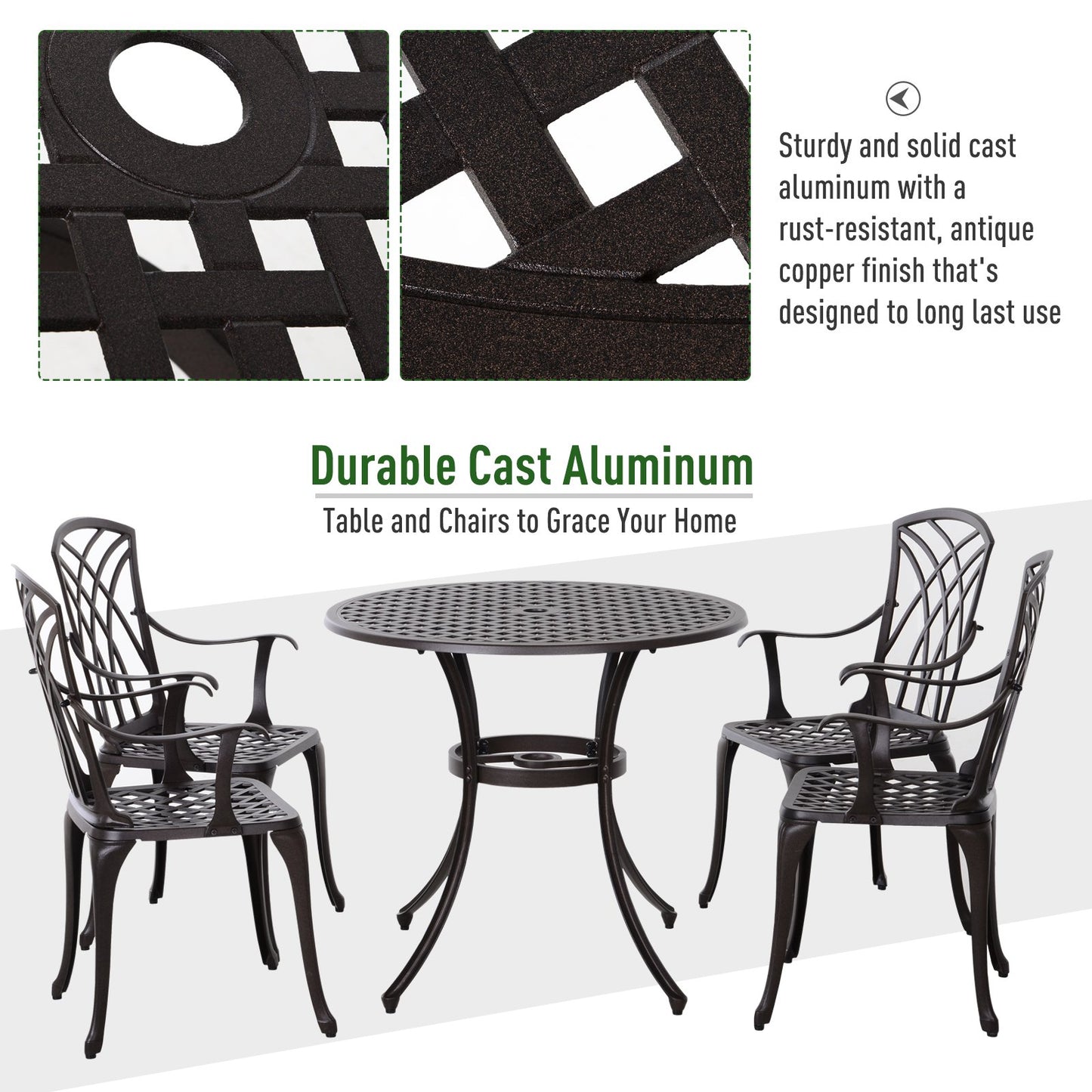 Outsunny Patio Cast Aluminium 5 PCS Dining Table & 4 Chairs Set Outdoor Garden Furniture