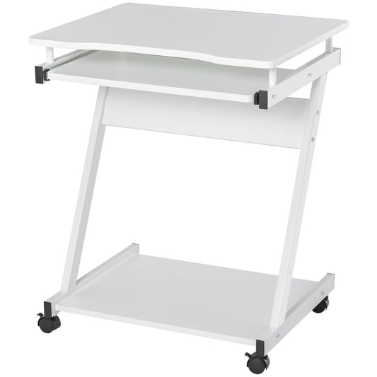 Homcom Movable Computer Desk with 4 Moving Wheels Sliding Keyboard Tray Home Office Workstation White