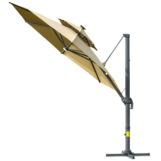 Outsunny 3m Cantilever Parasol w/ Solar Lights Power Bank Base 360° Spin Khaki