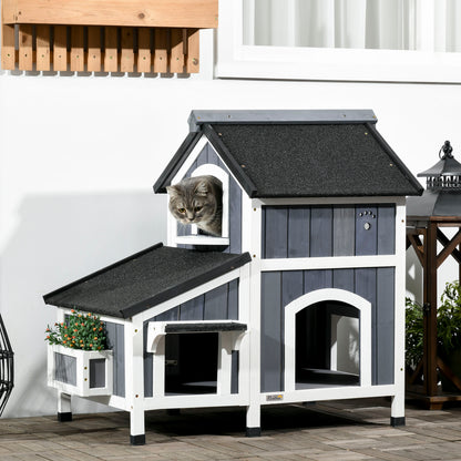 PawHut Wooden Outdoor Cat House with Flower Pot