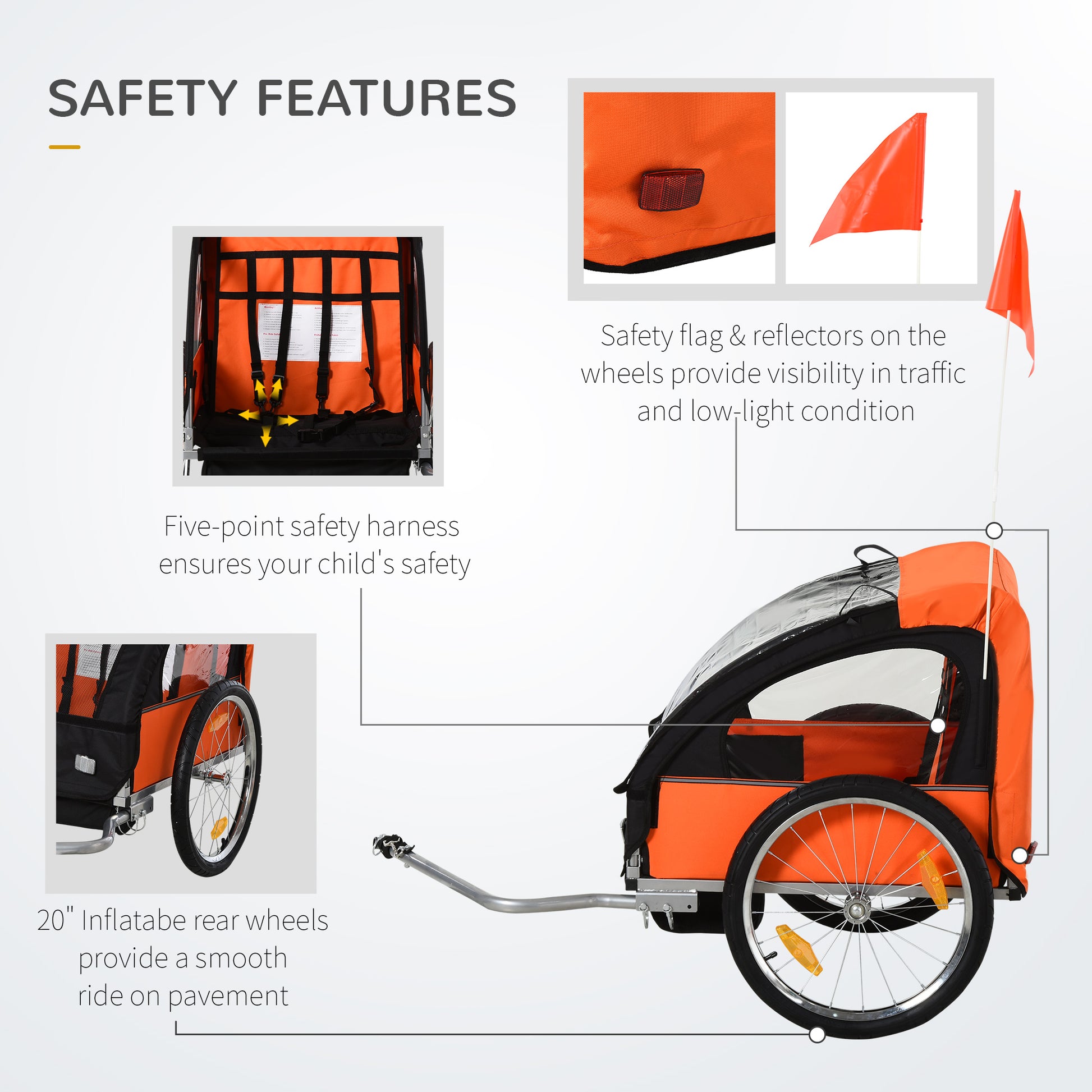 Homcom Trailer for Kids Steel Frame Children's 2-Seater Bike Trailer Orange