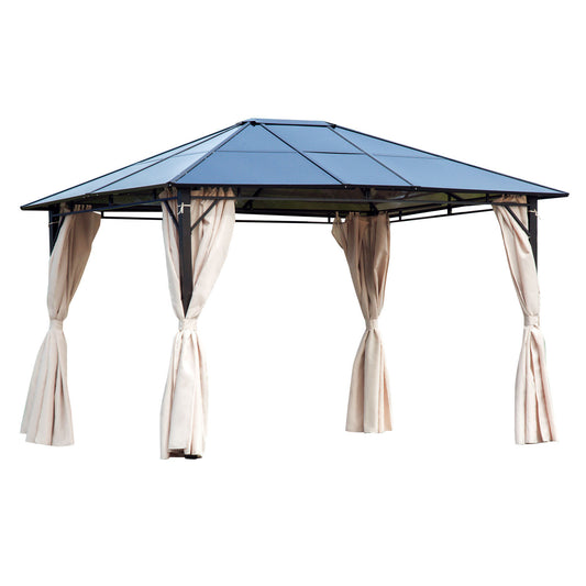 Outsunny 3 x 3.6m Hardtop Gazebo Canopy with Polycarbonate Roof Garden Pavilion with Removable Curtains and Steel Frame