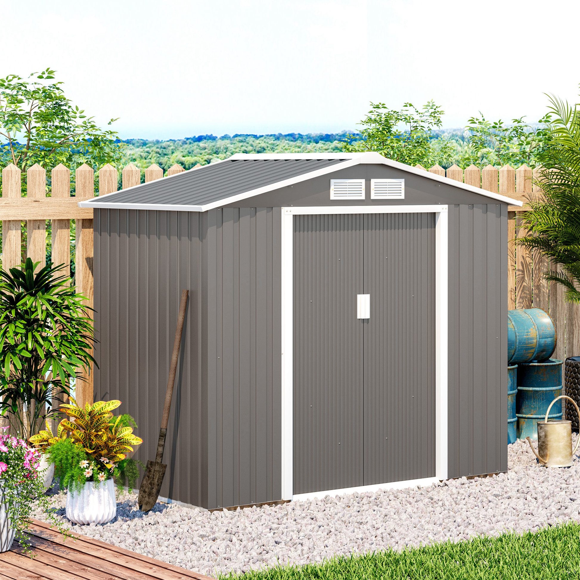 Galvanised 7 x 4' Double Door Reverse Apex Garden Shed Lockable With Ventilation Steel Grey by Steadfast