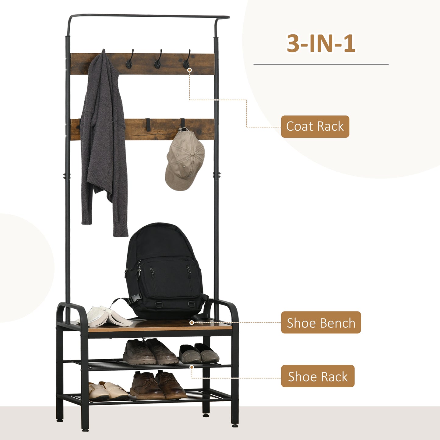 Homcom Coat Rack Stand Industrial hallway Shoe Rack Removable Hooks Metal Wood Hangers Storage Cabinet Rustic Brown 72L×34W×185H(cm)