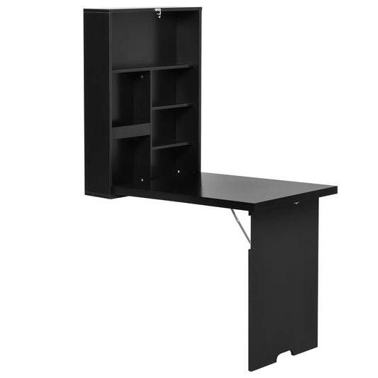 Homcom Folding Wall-Mounted Drop-Leaf Table With Chalkboard Shelf Multifunction Black