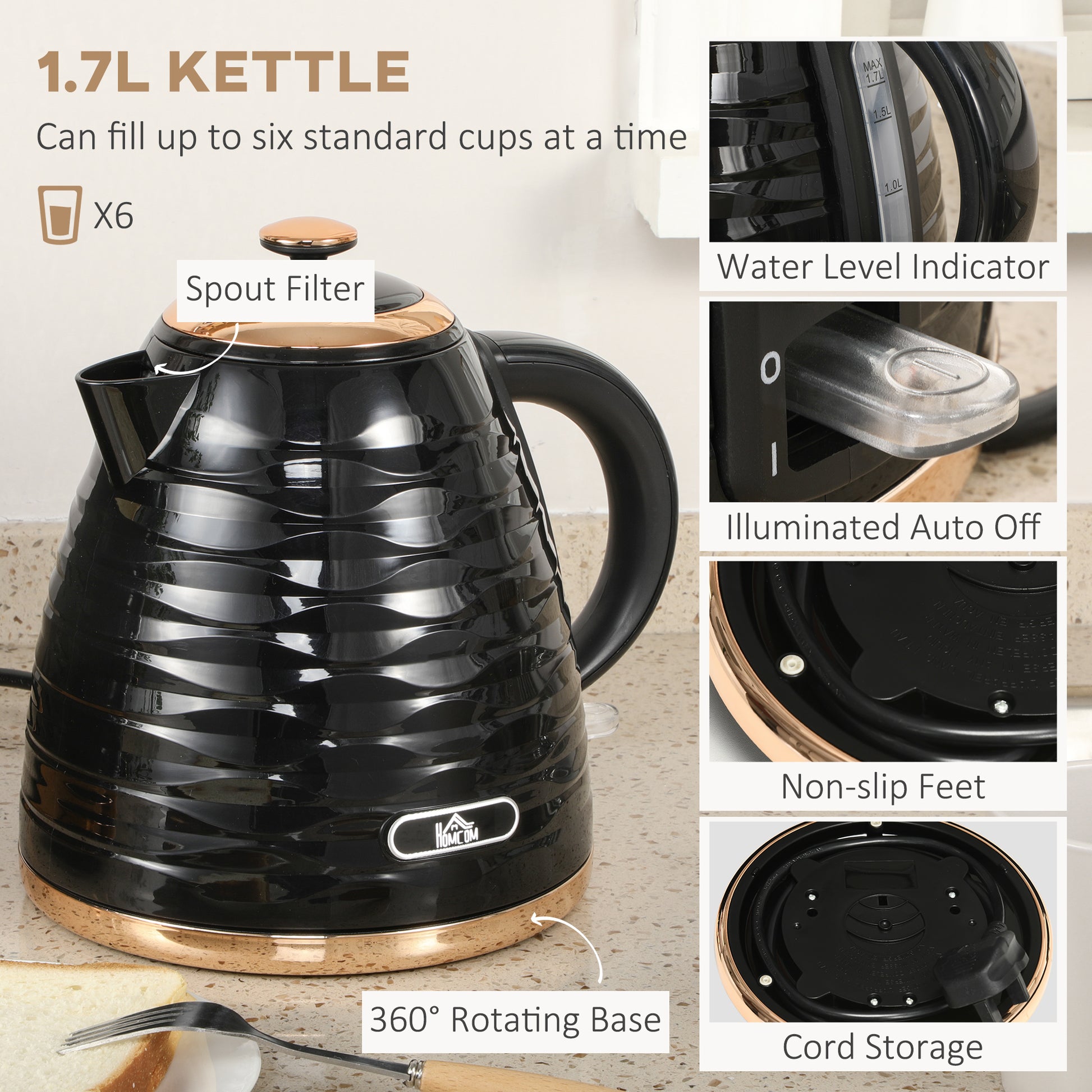 Kettle & Four Slice Toaster Set Black by Homcom