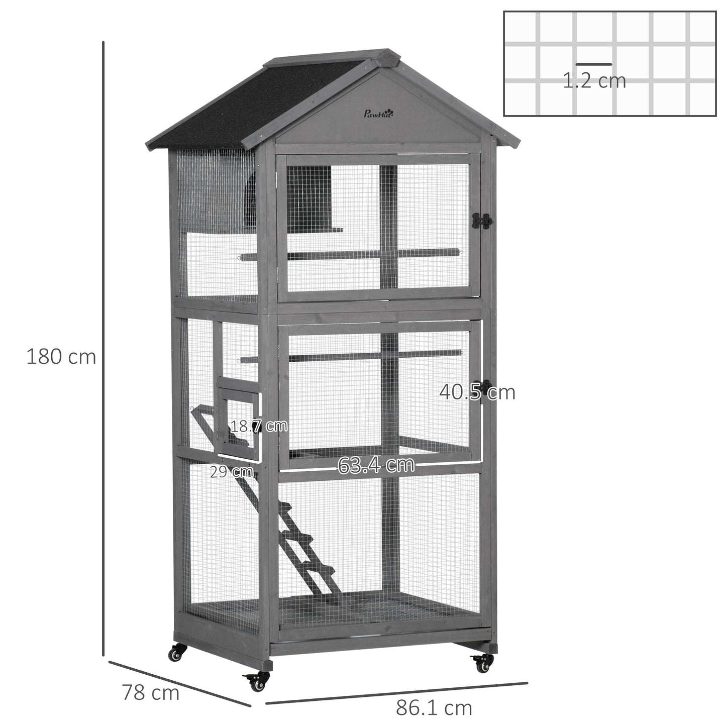 Cosy 180cm Bird Aviary Cage Wheeled Grey & Black by Pawhut