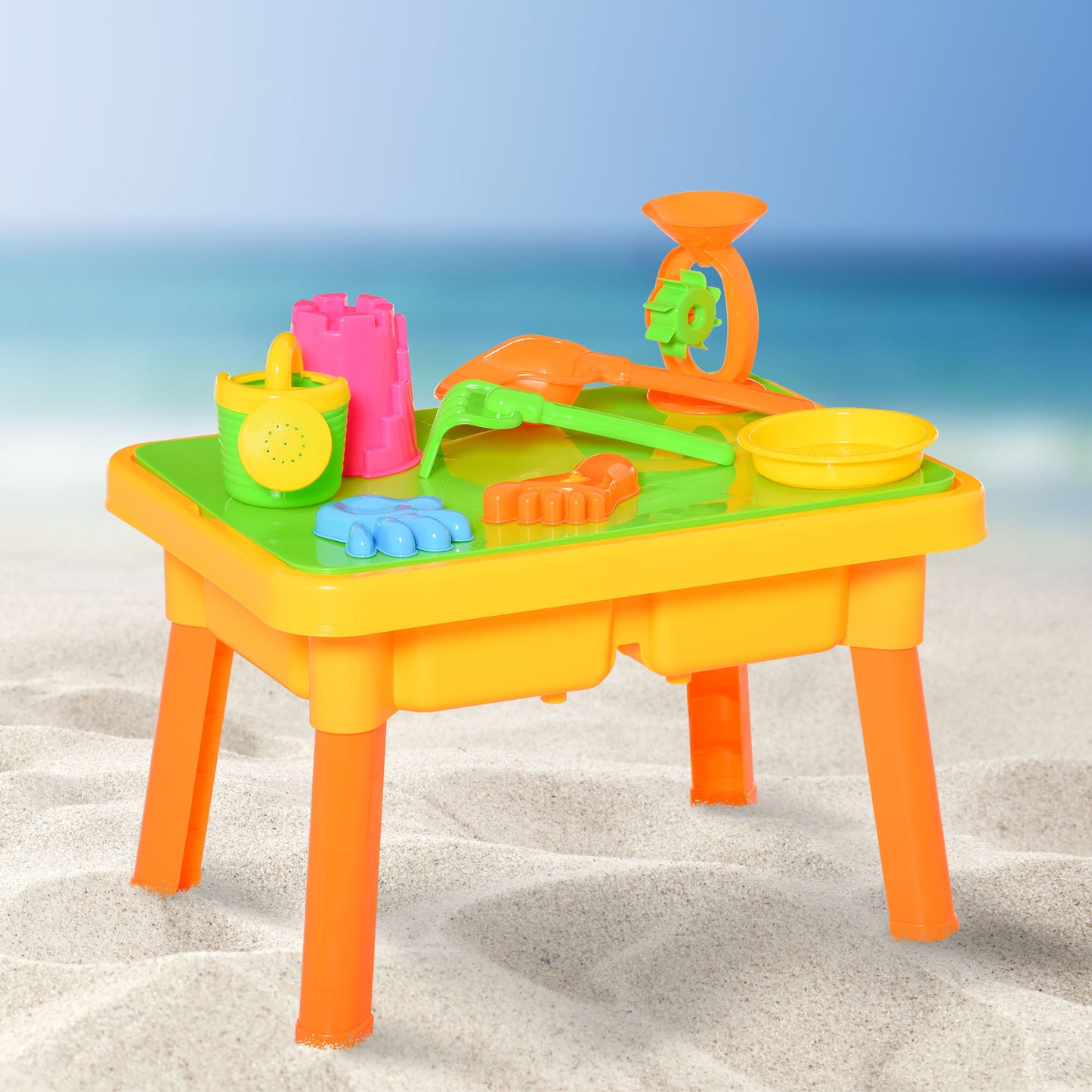 Homcom 16 Pcs Sand and Water Play Table Sand Pit Beach Toy Set 2 in 1 Outdoor Activities Playset with Lid and Accessories for 3 Years Old