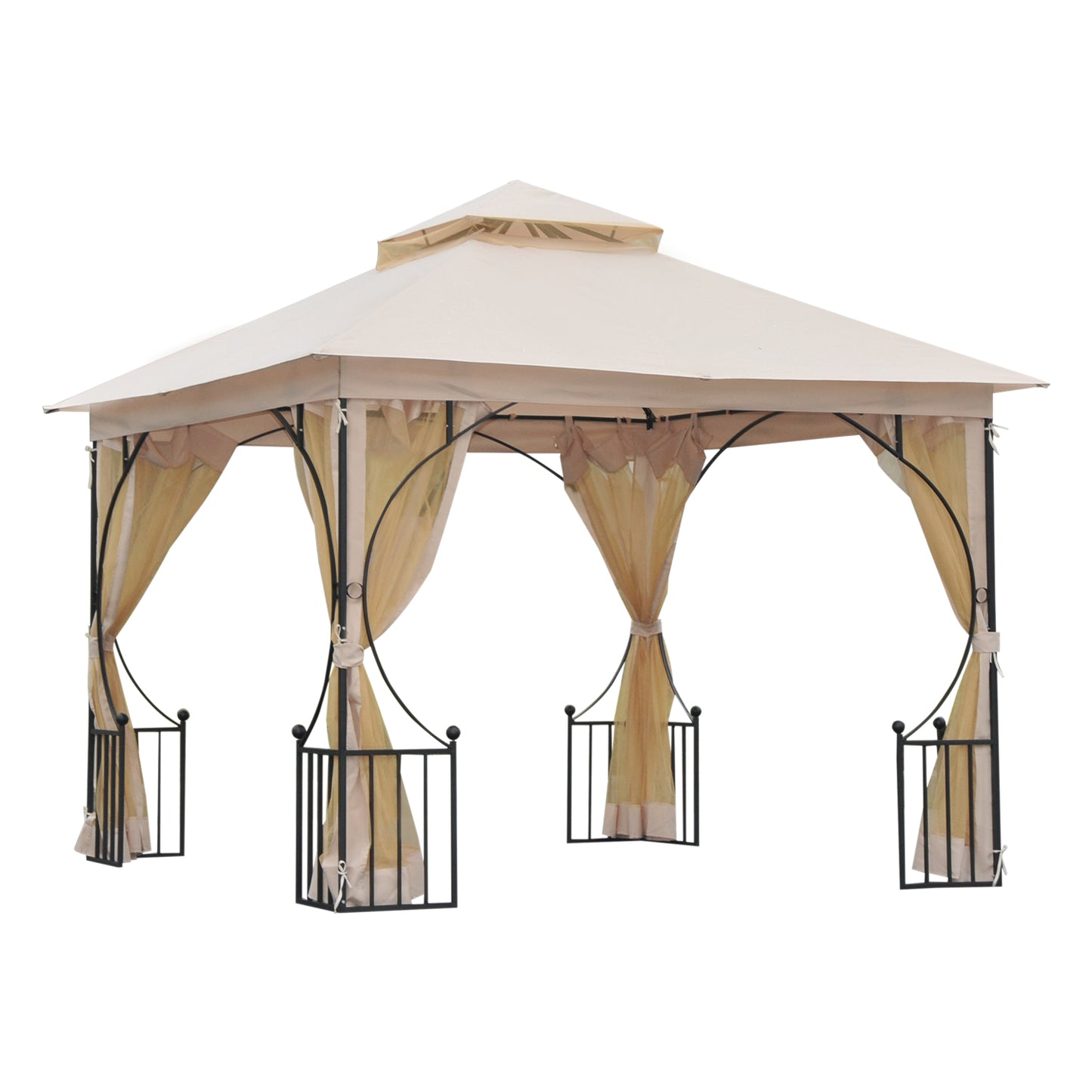 Outsunny 3 x 3(m) Garden Gazebo Patio Party Tent Shelter Outdoor Canopy Double Tier Sun Shade Metal Frame Netting Beige