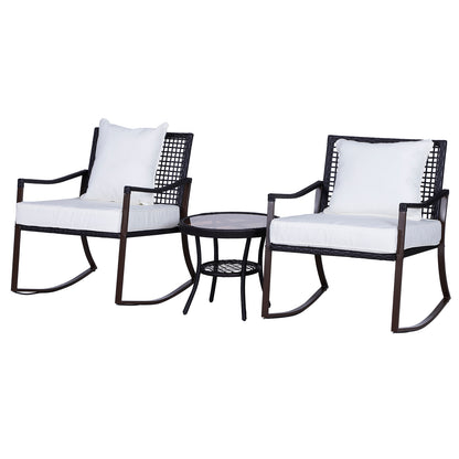 Outsunny 3 Pieces PE Rattan Garden Rocking Chair Set w/ Soft Cushion