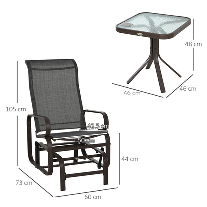 Outsunny 3 PCs Metal Outdoor Gliding Rocking Chair With Tea Table Patio Garden Comfortable Swing Chair Brown