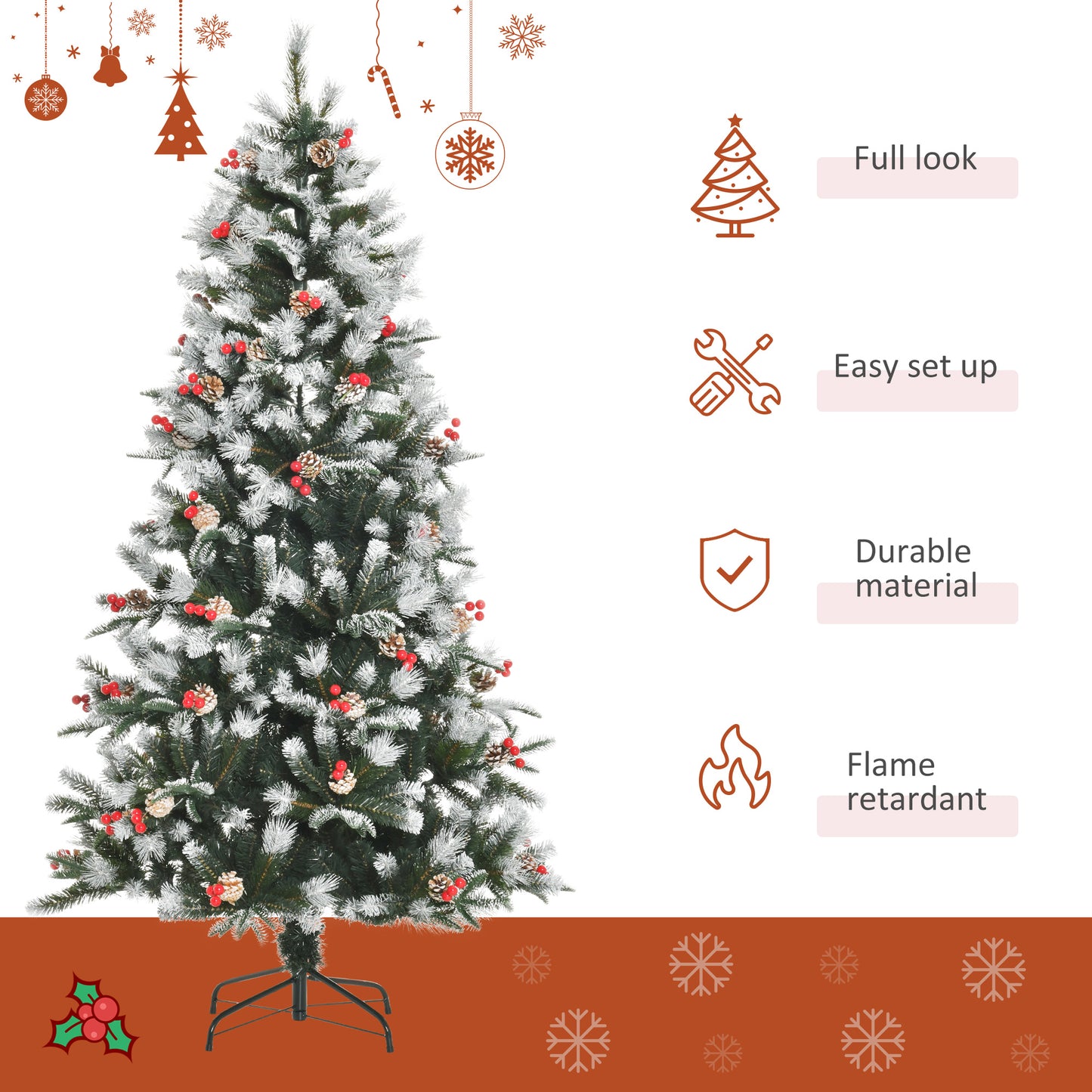 Homcom 6FT Artificial Snow Dipped Christmas Tree Xmas Pencil Tree with Foldable Feet Red Berries White Pinecones