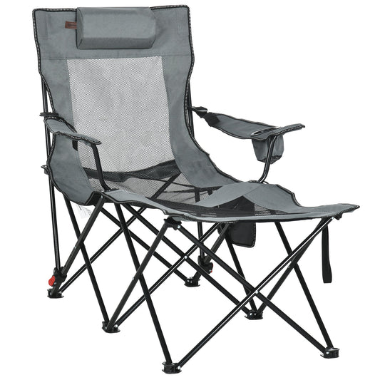 Foldable Reclining Garden Chairs with Footrest and Adjustable Backrest, Portable Camping Chair with Headrest, Cup Holder and Carry Bag, Grey-0