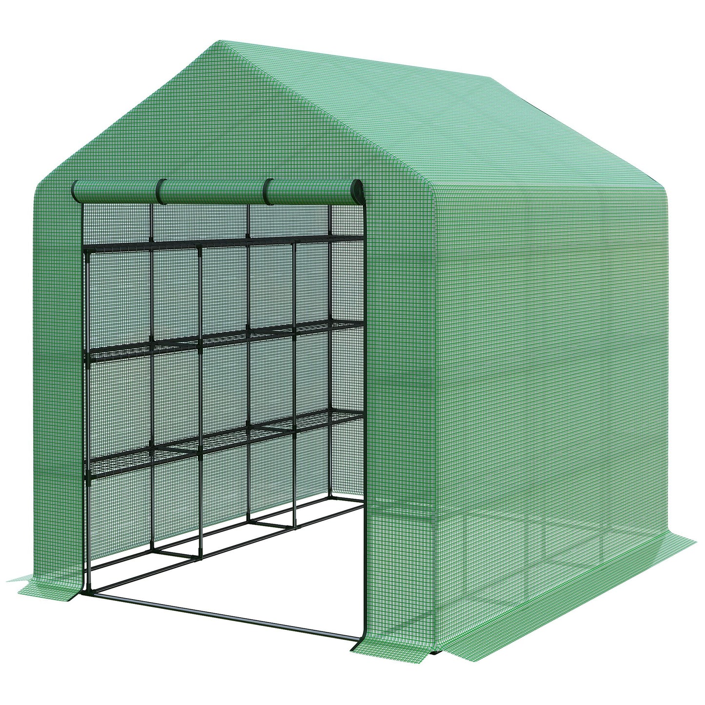 Outsunny Poly Tunnel Steeple Walk in Garden Greenhouse with Removable Cover Shelves - Green 244 x 180 x 210cm