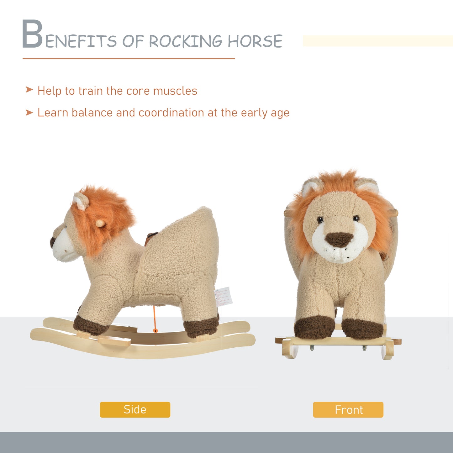 Homcom Kids Children Rocking Horse Plush Ride On Lion Seat w/ Sound Wood Base Seat Safety Belt Toddler Baby Toy Brown