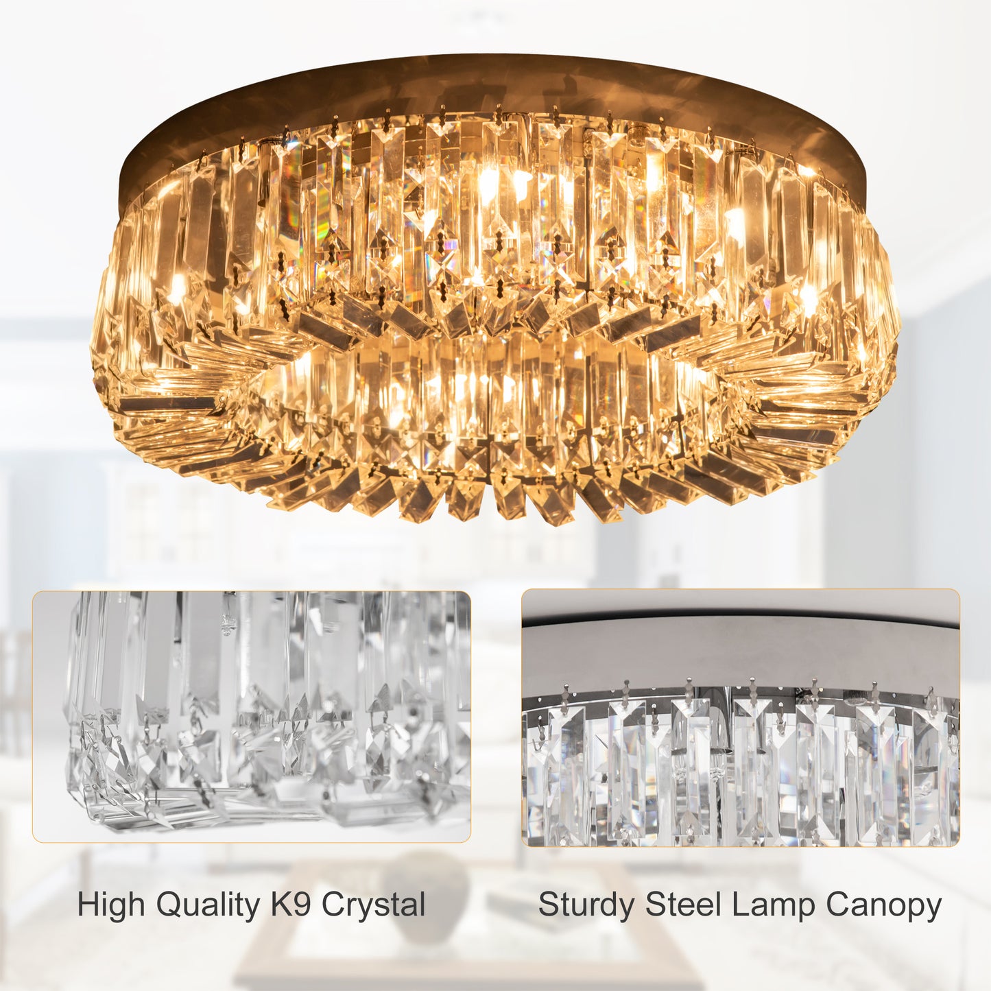 Homcom Crystal Ceiling Light Modern Chandeliers Stainless Steel Pendant Lights with Crystal Decorations for Living Room Bedroom Dining Room Hall Silver