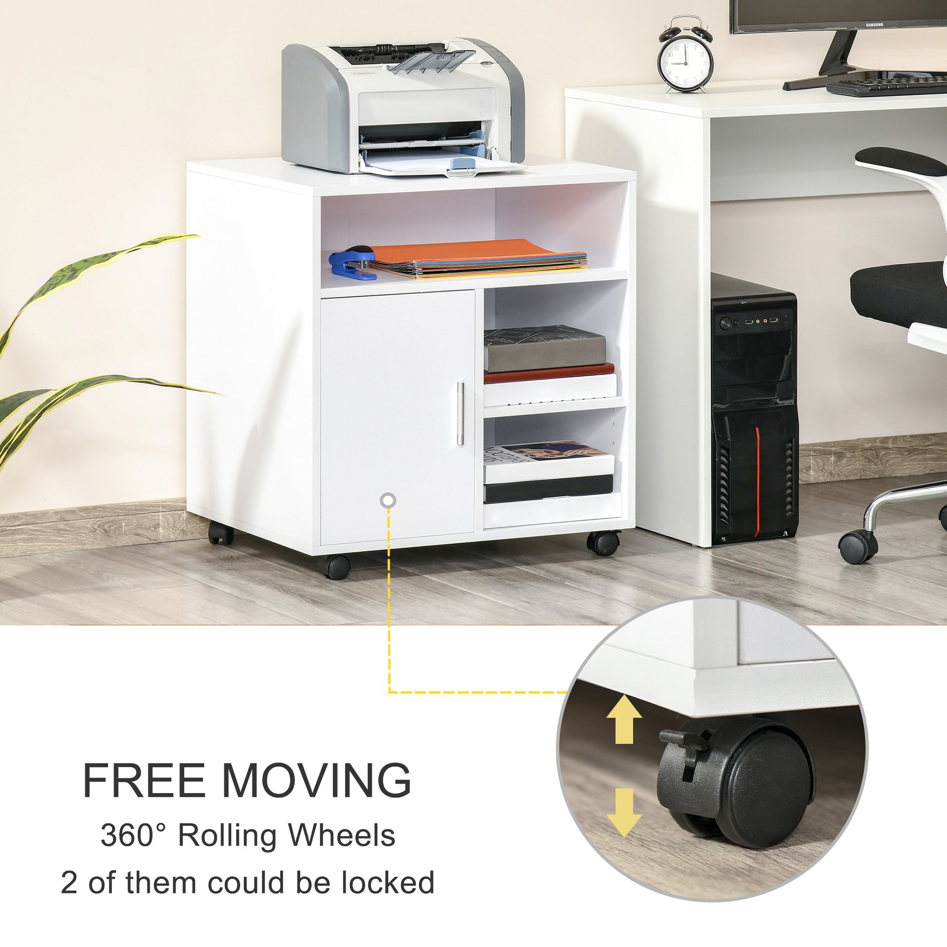 Homcom Multi-Storage Printer Stand Unit Office Desk Side Mobile Storage w/ Wheels Modern Style 60L x 50W x 65.5H cm - White