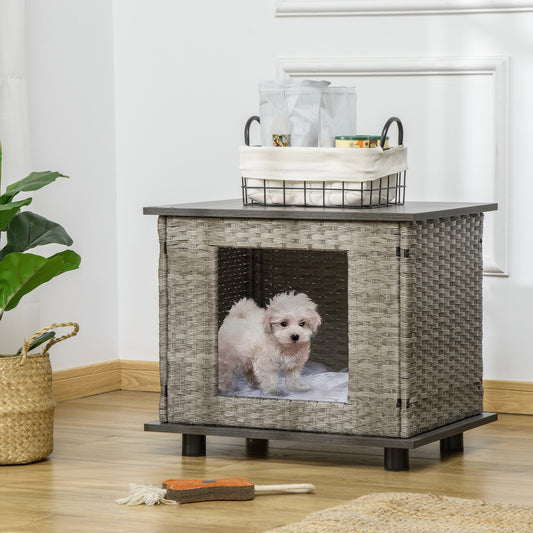 PawHut Wicker Dog House Rattan Pet Bed End Table Furniture with Soft Cushion Adjustable Feet for X-Small Dogs