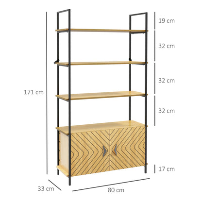 Homcom Bookcase 4-Tier Storage Shelf With Double Door Cabinet And Metal Frame For Living Room Bedroom Oak Tone