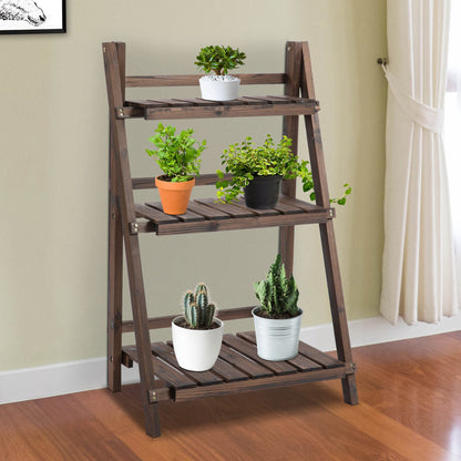 Outsunny 3-Tier Wooden Plant Shelf Foldable Plant Pots Holder Stand Indoor Outdoor 60L x 37W x 93H cm