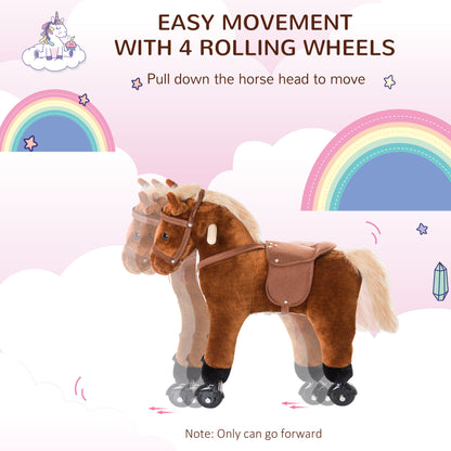 Homcom Wooden Action Pony Wheeled Walking Horse Riding Little Baby Plush Toy Wooden Style Ride on Animal Kids Gift w/Sound (Brown)