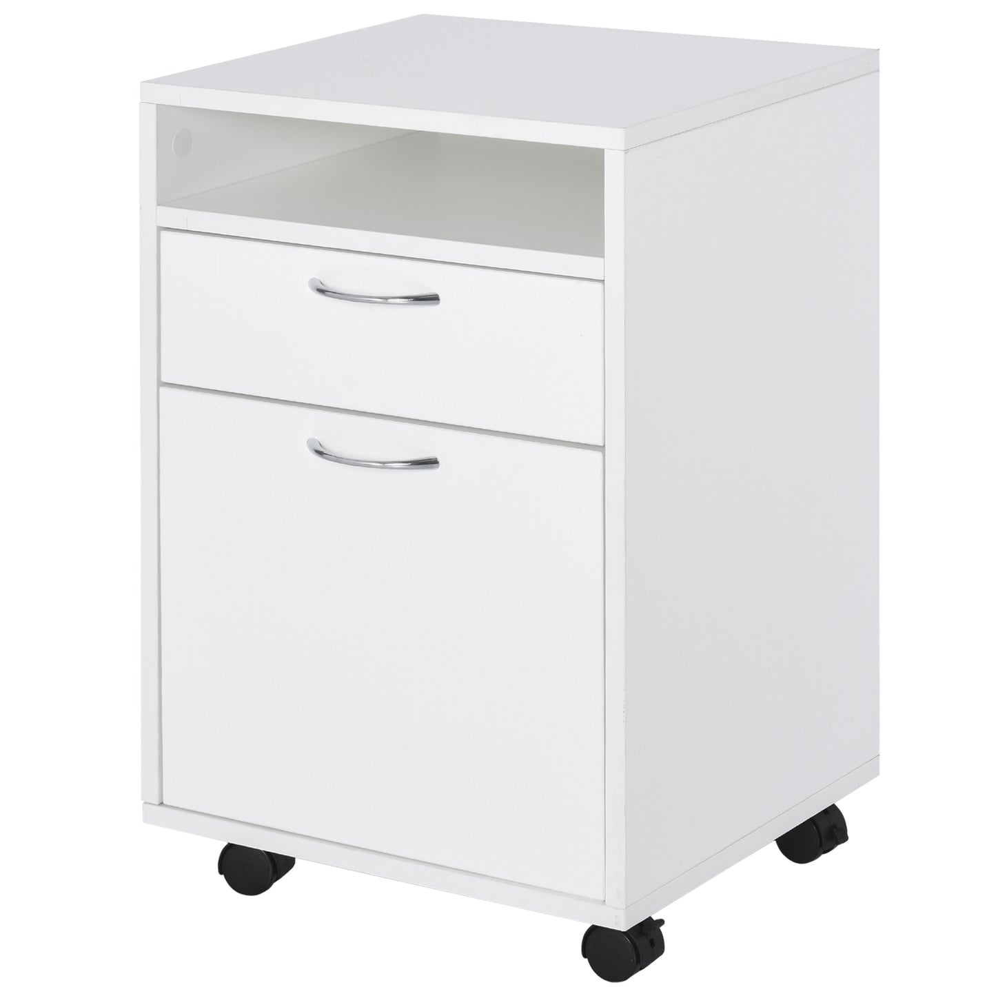 Homcom 60cm Storage Cabinet w/ Drawer Open Shelf Metal Handles 4 Wheels Office Home Organiser Mobile Printer White