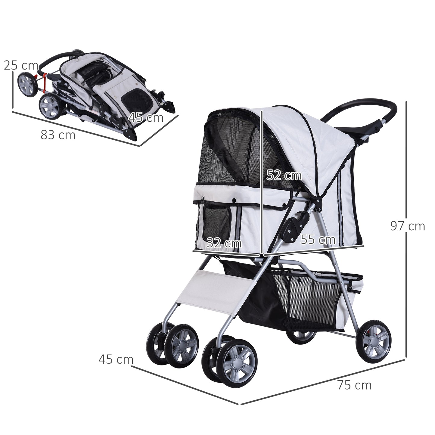 PawHut Dog Pram Pet Stroller Dog Pushchair 600D Oxford Cloth Grey - Suitable for Small Pets