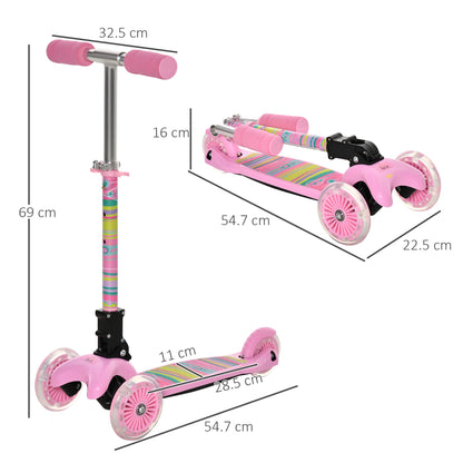 Homcom Foldable Scooter for Kids with 3 Wheel Adjustable Height Flashing Wheels