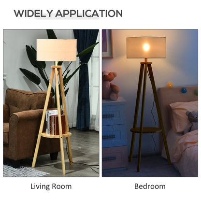 Homcom Free Standing Tripod Floor Lamp Bedside Light Reading Light With Storage Shelf Linen Shade For Living Room Bedroom