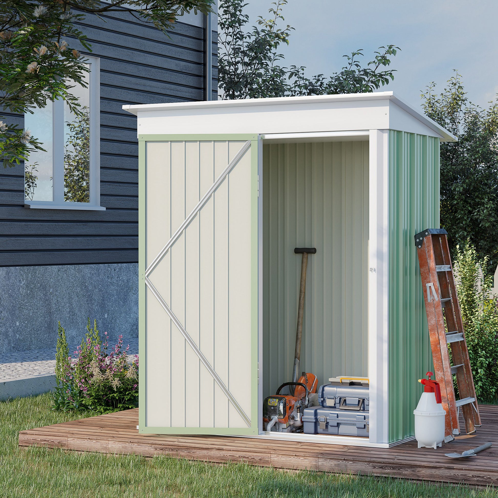 Galvanised 5 x 3' Single Door Reverse Pent Garden Store Steel Green by Steadfast