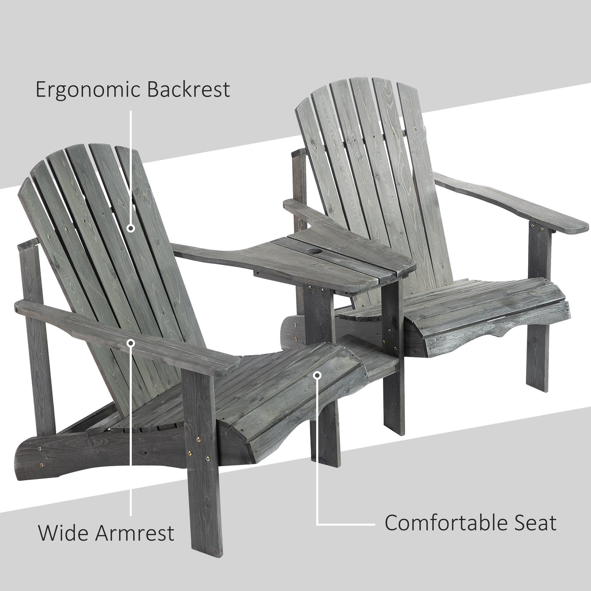 Outsunny Wooden Outdoor Double Adirondack Chairs Loveseat W/ Center Table And Umbrella Hole