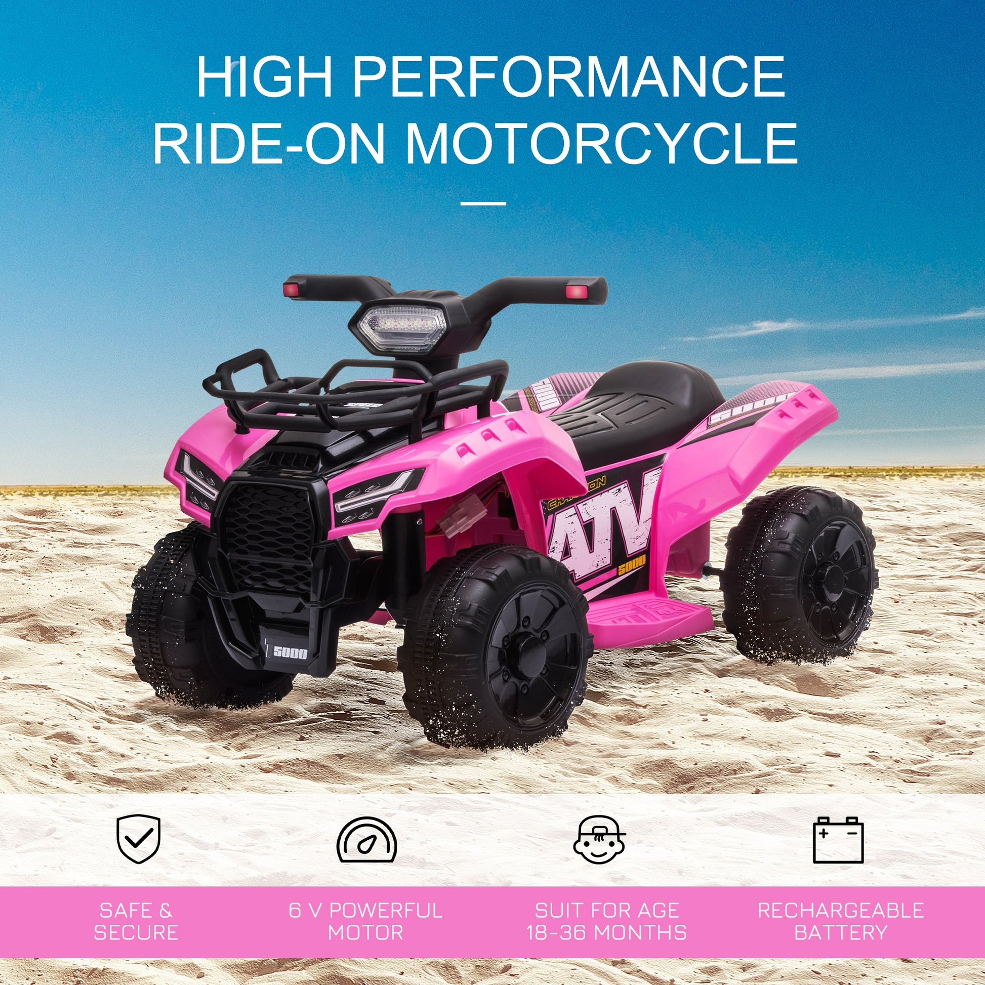 Homcom 6V Kids Electric Ride on Car Toddlers Quad Bike ATV Toy With Music for 18-36 months Pink