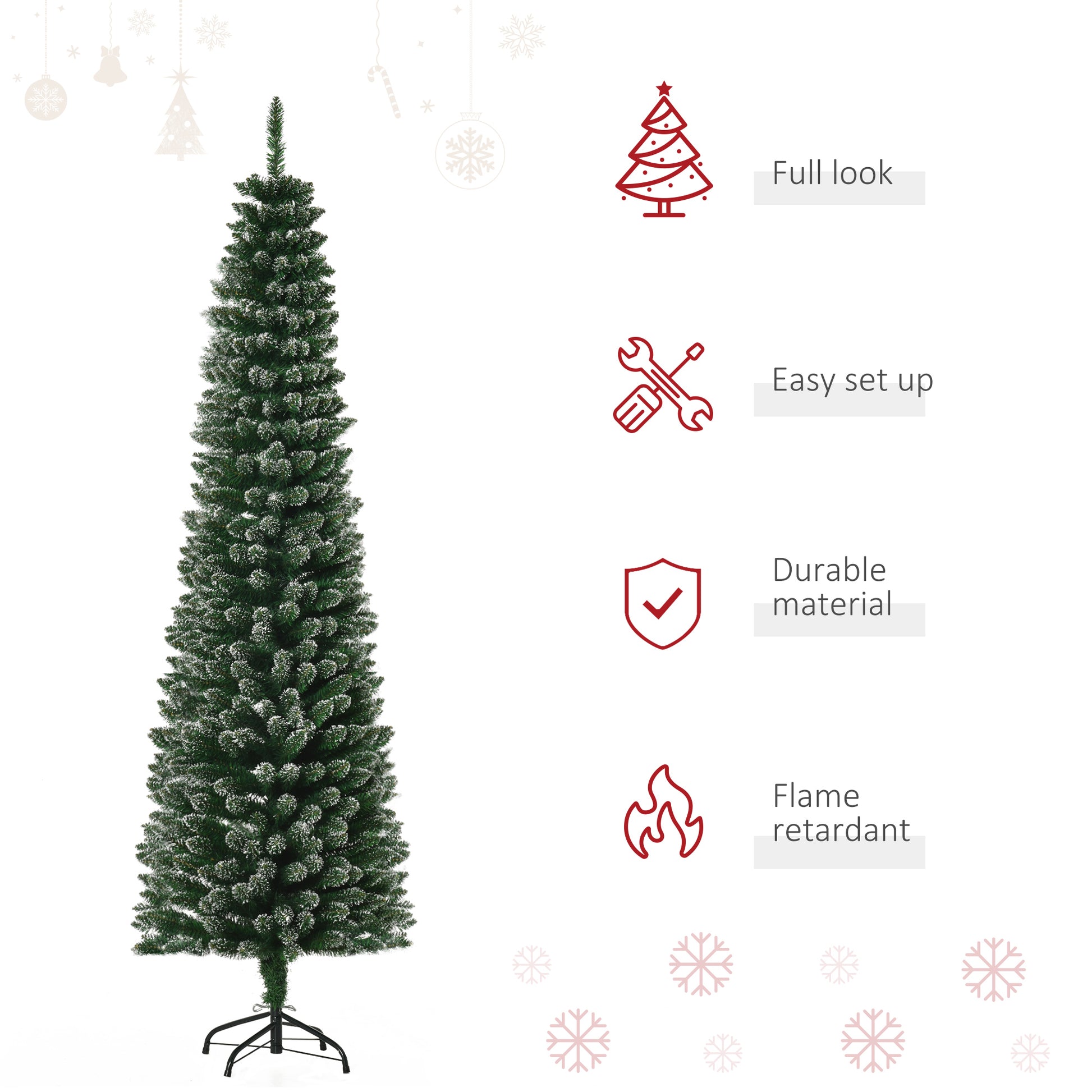 Homcom 6FT Artificial Snow Dipped Christmas Tree Xmas Pencil Tree with Foldable Black Stand