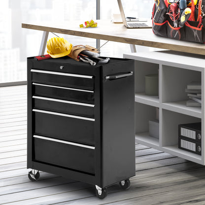 Homcom 5-Drawer Lockable Steel Tool Storage Cabinet w/ Wheels Handle 2 Keys Organisation Box Unit Chest Garage DIY Workshop Trolley Black