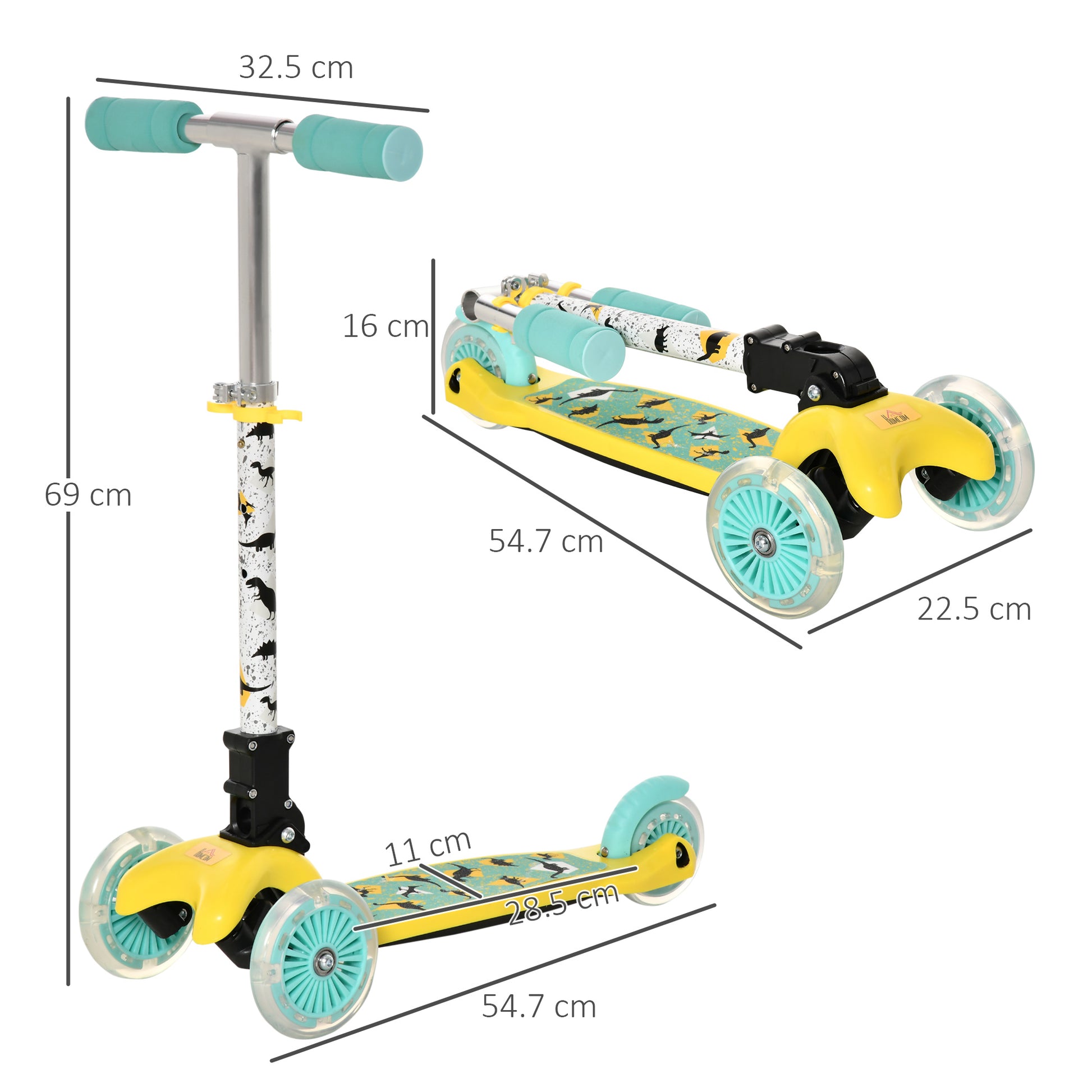 Homcom Foldable Scooter for Kids with 3 Wheel Adjustable Height Flashing Wheels