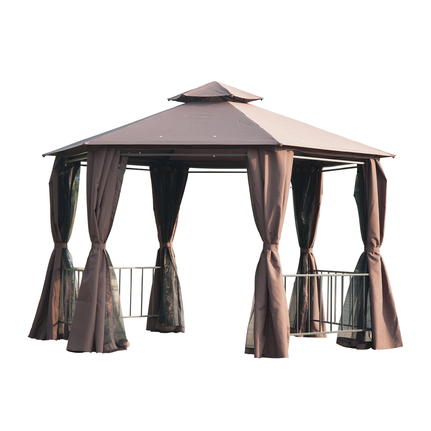 Outsunny 3 x 3(m) Hexagon Gazebo Patio Canopy Party Tent Outdoor Garden Shelter w/ 2 Tier Roof & Side Panel - Brown