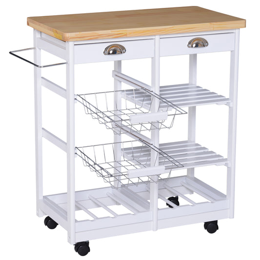 Homcom Rolling Kitchen Island Trolley Cart Drawer Shelves Basket Wheels W/ 6 Bottle Wine Rack White