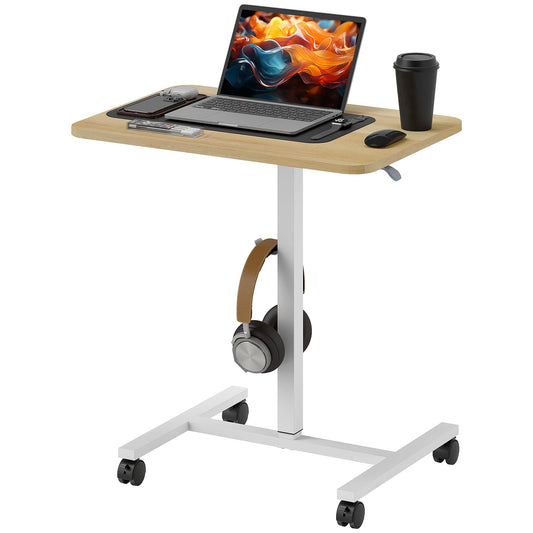 Height Adjustable Standing Desk, Pneumatic Sit Stand Desk for Laptop, Mobile Overbed Table with Wheels and Headphone Hook for Home Office, Natural Wood Finish-0