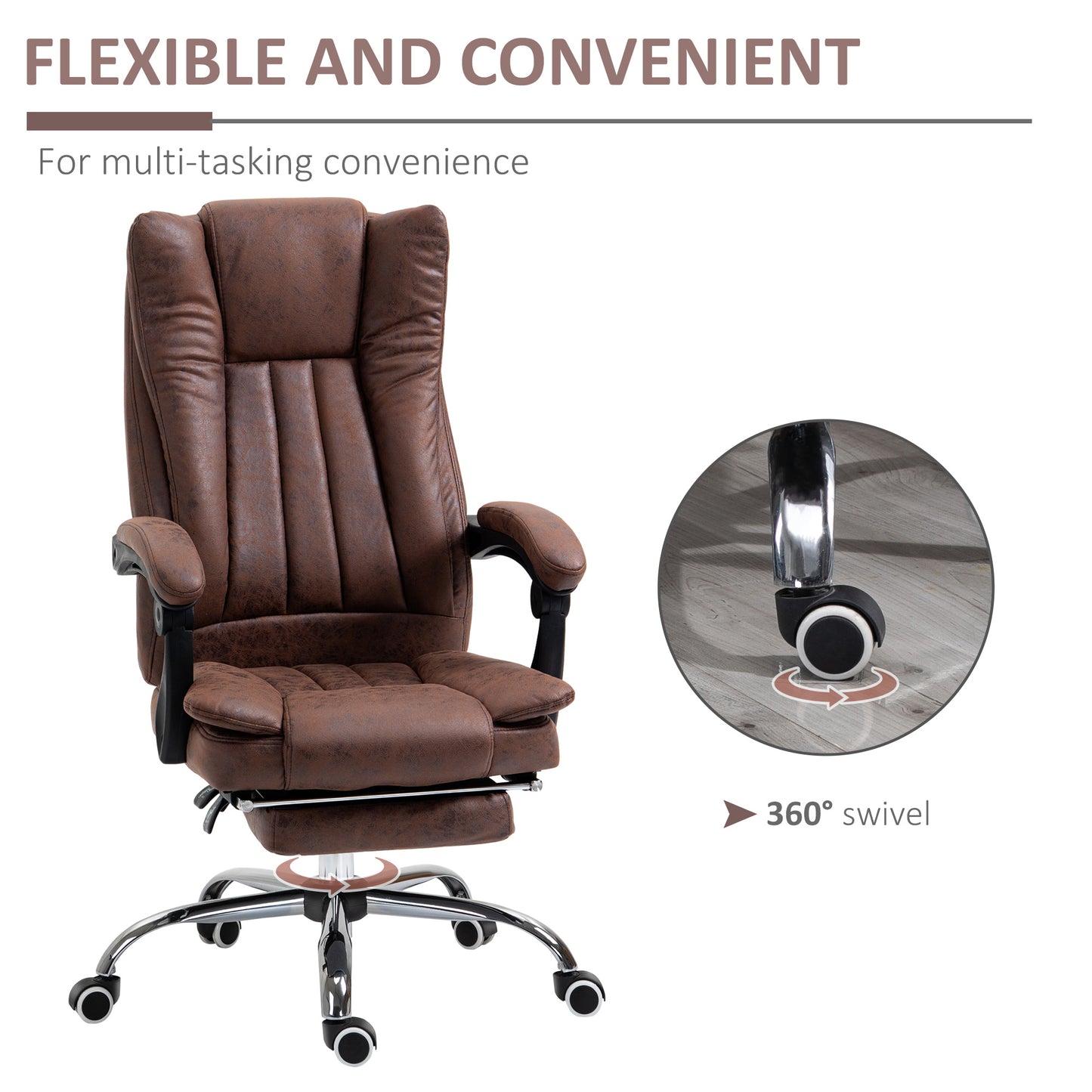 Vinsetto Home Office Chair Microfibre Desk Chair With Reclining Function Armrests Swivel Wheels Footrest Brown