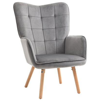 Homcom Accent Chair VelvetTufted Wingback Armchair Club Chair with Wood Legs Grey