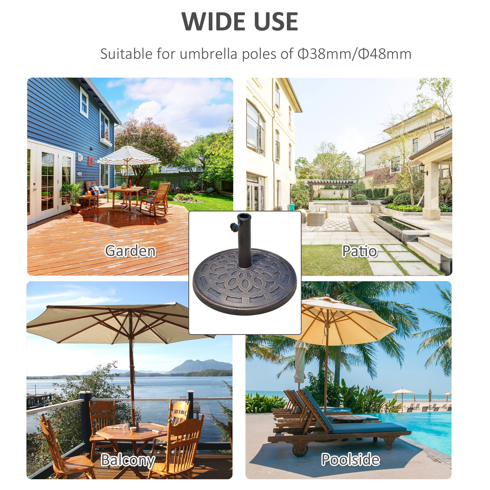 Outsunny 14kg Round Garden Parasol Base Holder Decorative Resin Market Umbrella Stand with Adjustable Coupler