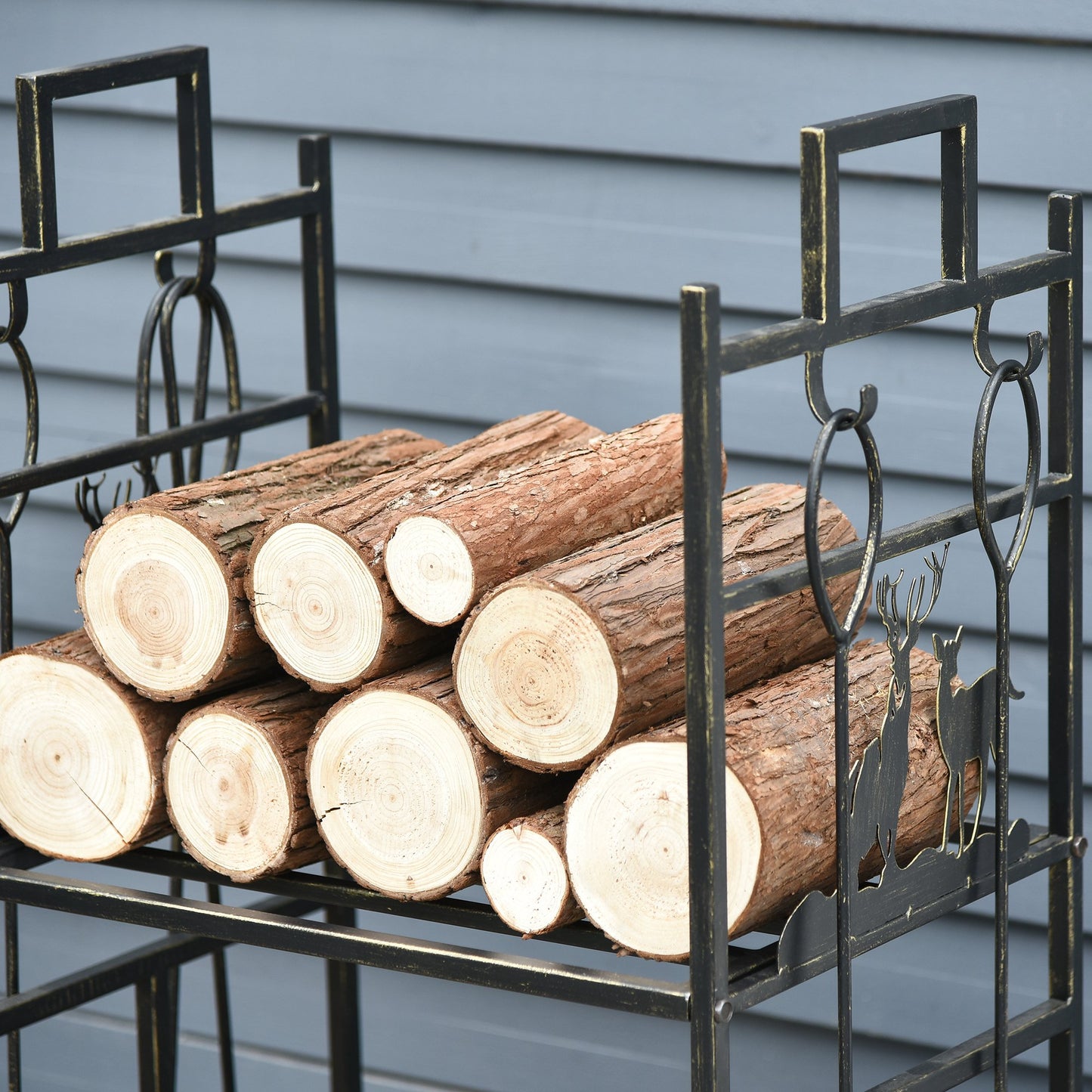 Outsunny 2-Tier Heavy Duty Firewood Rack Wood Log Fireplace Stacker Deer Design With 4 Tools Gold