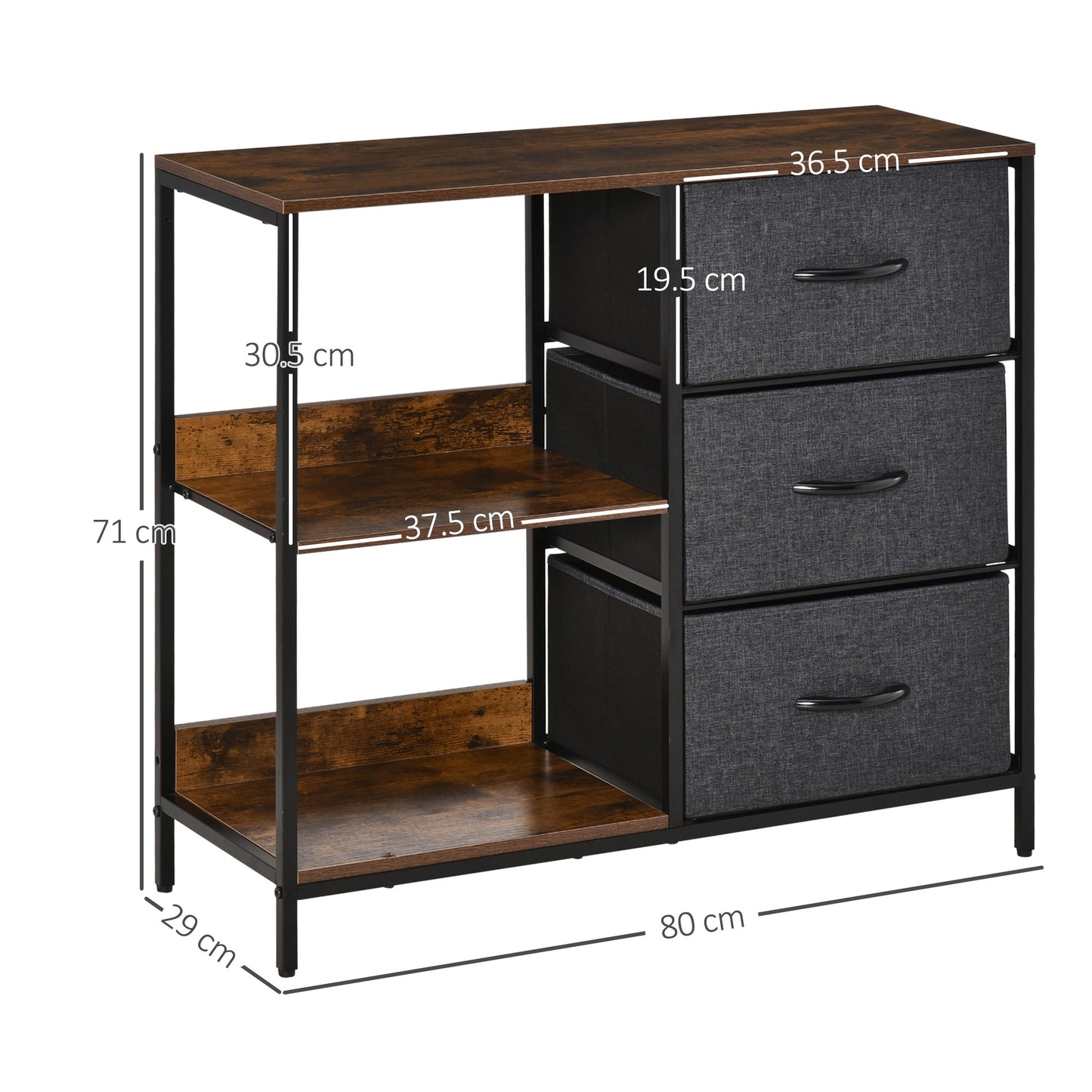 Homcom Chest of Drawers Storage Dresser Cabinet Organizer with 3 Fabric Drawers and 2 Display Shelves for Living Room