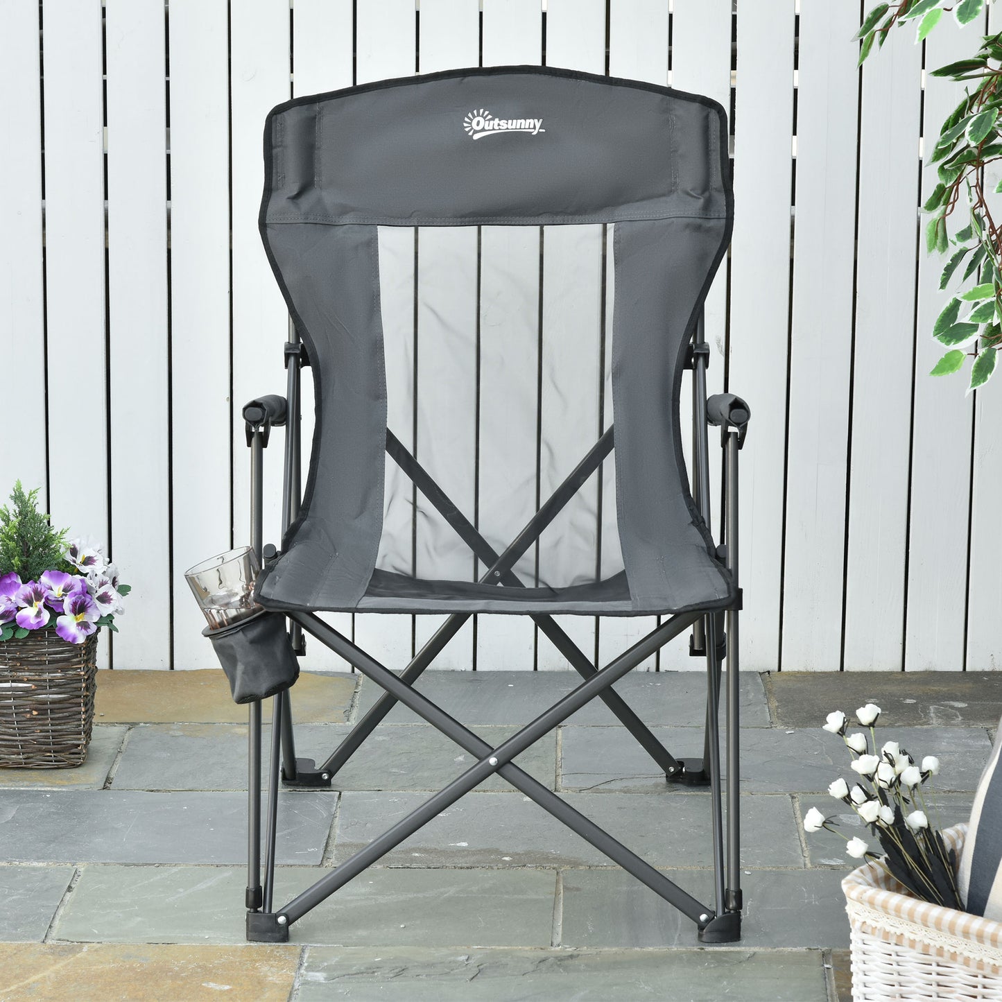 Outsunny Folding Camping Chair Heavy Duty High Back Camping Fishing Chair w/ Cup Holder