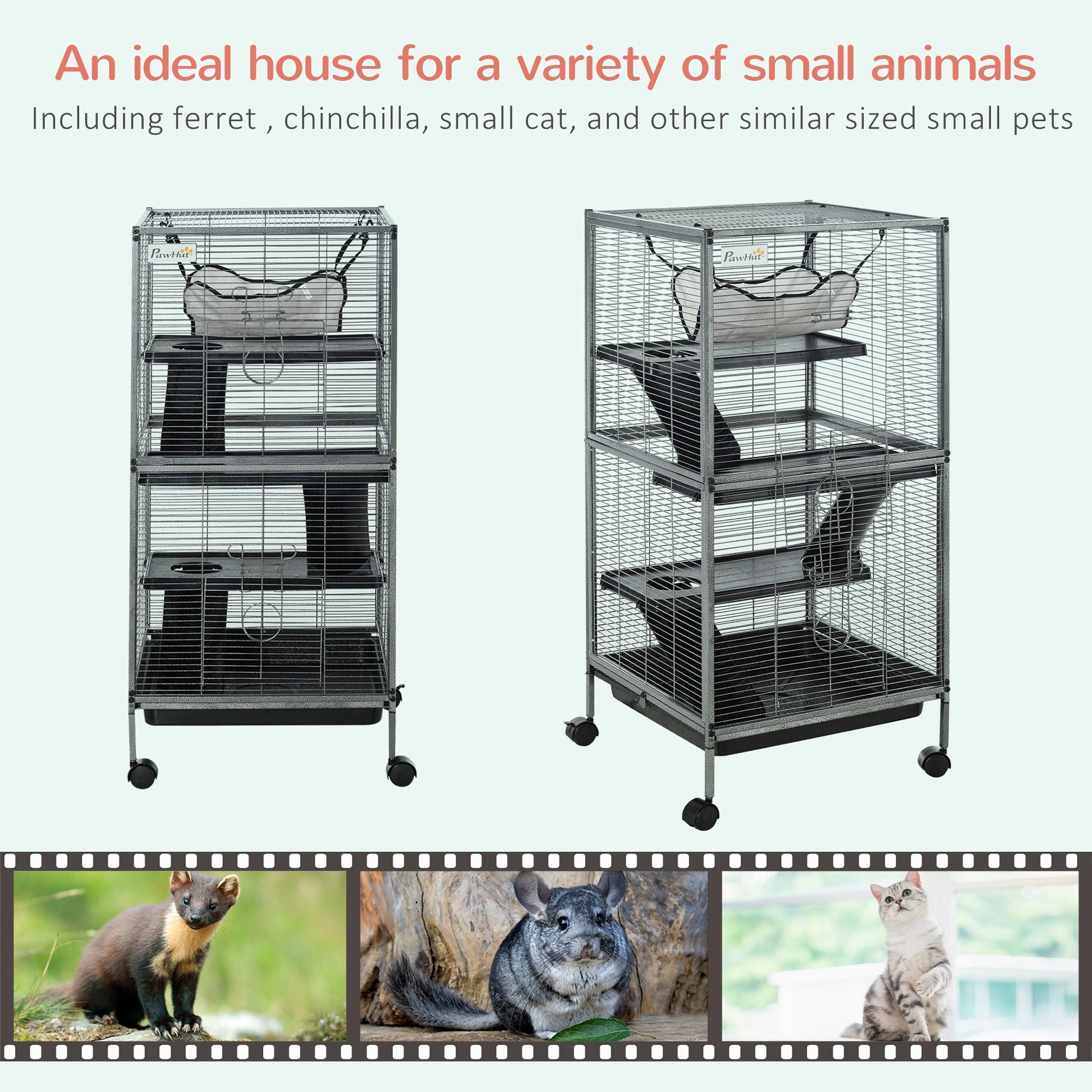 Multilevel Small Animal Cage On Wheels Silver & Grey by Pawhut