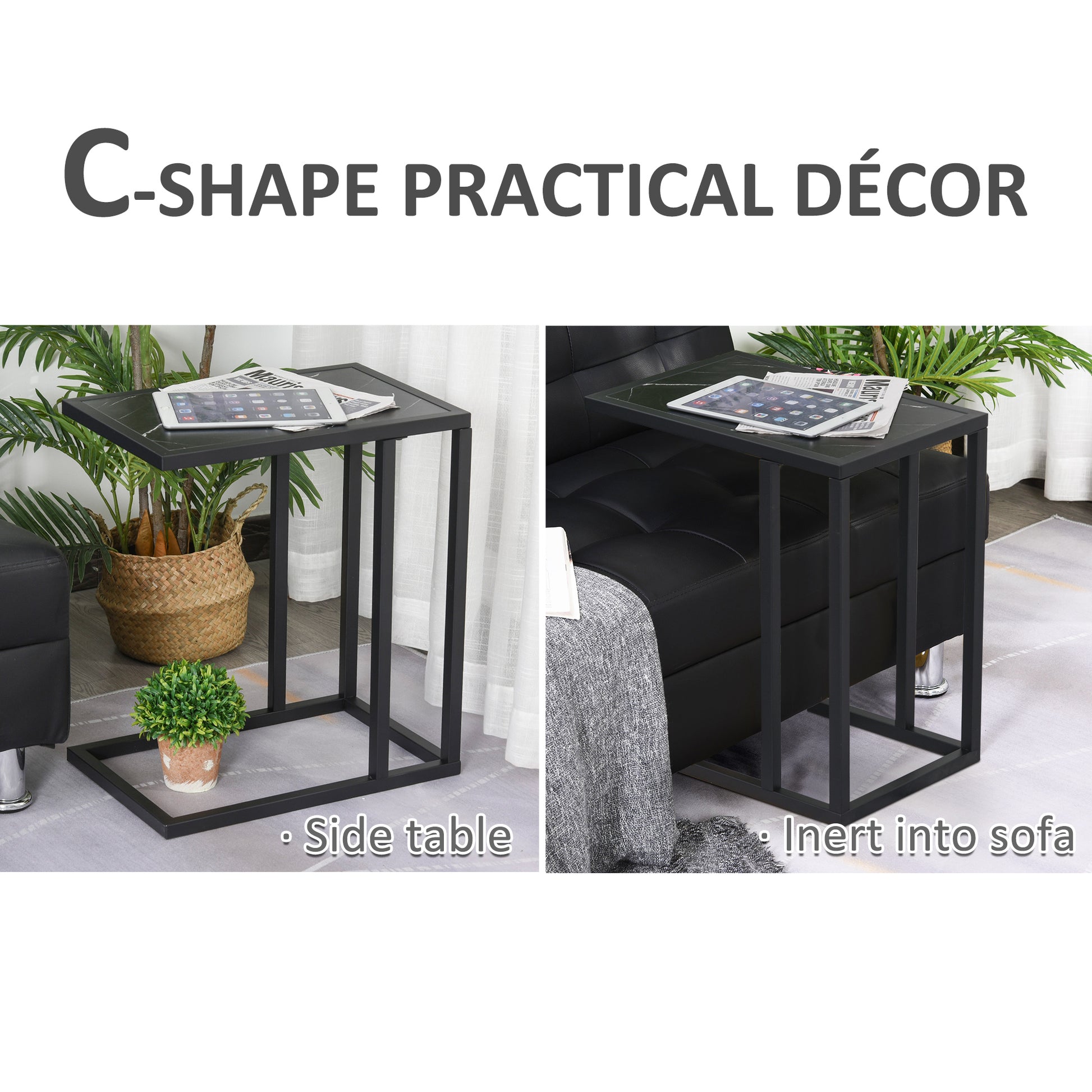 Homcom C Shape End Table W/Metal Frame Marble-Effect Top Sofa Side Table Narrow Snack Coffee Table For Living Room Black